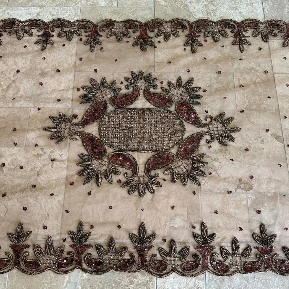 Brown Beaded Table Runner 38x87 Sequin Paisley Sheer Mesh Scalloped Boho Mat